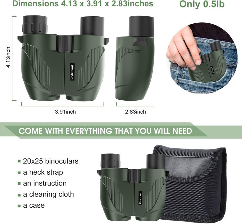 Rodcirant 20X25 Compact Binoculars for Adults and Kids,Large Eyepiece Waterproof Binocular，Easy Focus Small Binoculars for Bird Watching,Hiking and Concert, Green - Image 4